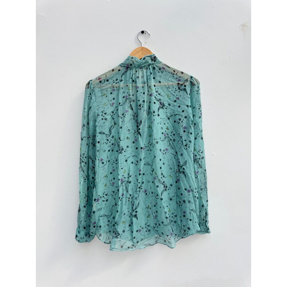 Rebecca Taylor Tie Neck Silk Blouse Teal Floral Chiffon Pussybow Top 10 L
